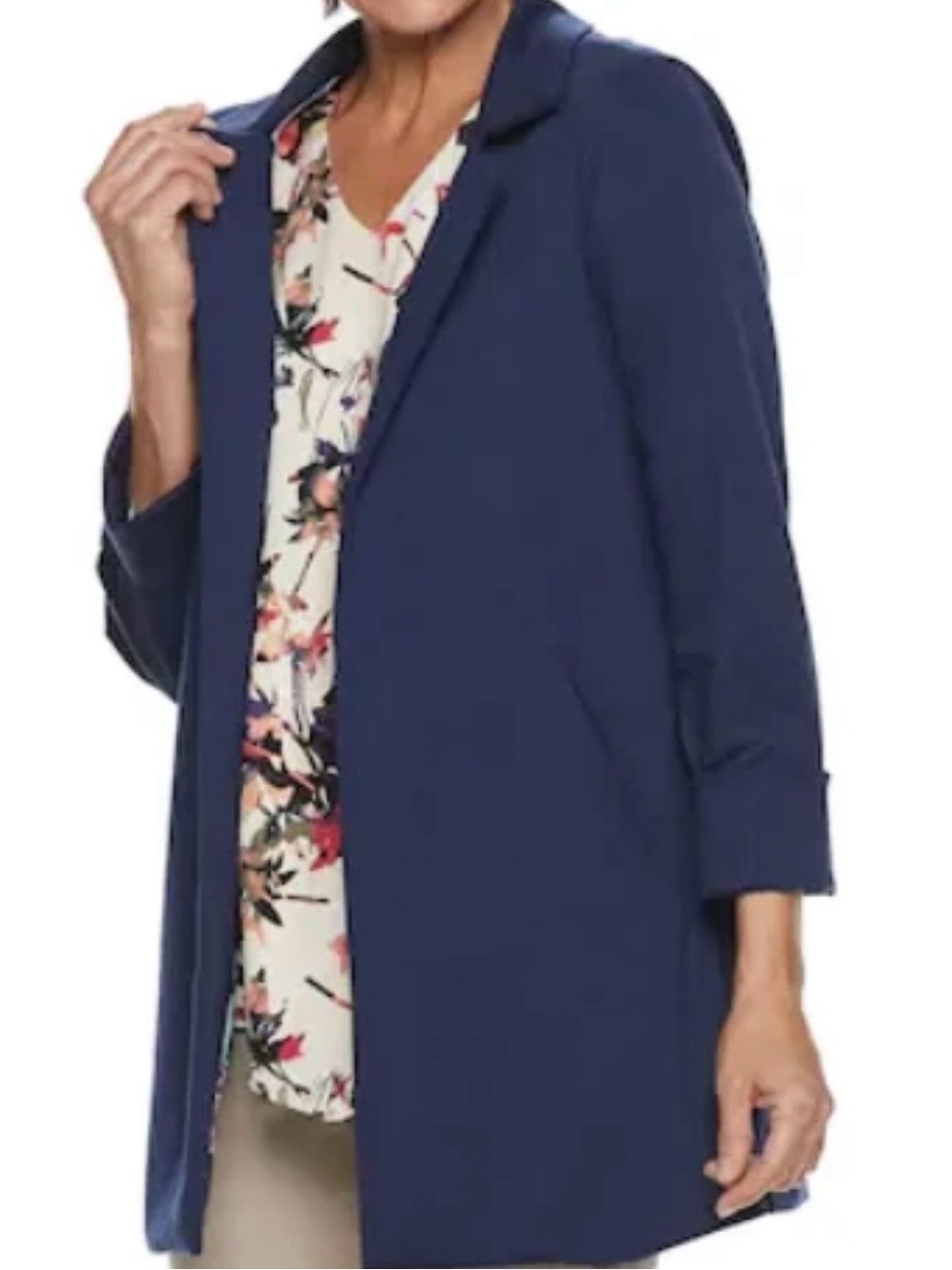 Dana Buchman Blazer Jacket, Navy Blue Open-Front Longline, Cuffed Sleeve, Large